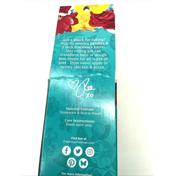 The Pioneer Woman Vintage Floral Ceramic Rolling Pin w/Acacia Wood Handles NWT - Picture 4 of 6